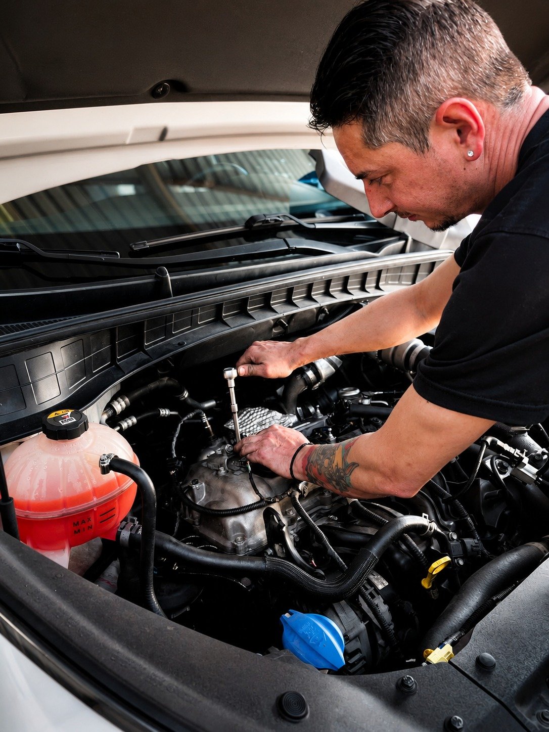 Mecânico realizando retífica de motor na bancada